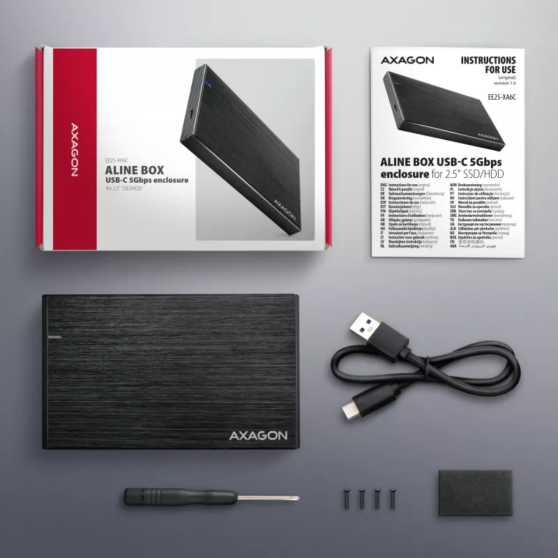 Axagon EE25-XA6C box esterno compatto in alluminio USB-C 5 Gbit/s – SATA 6G per SSD/HDD da 2,5