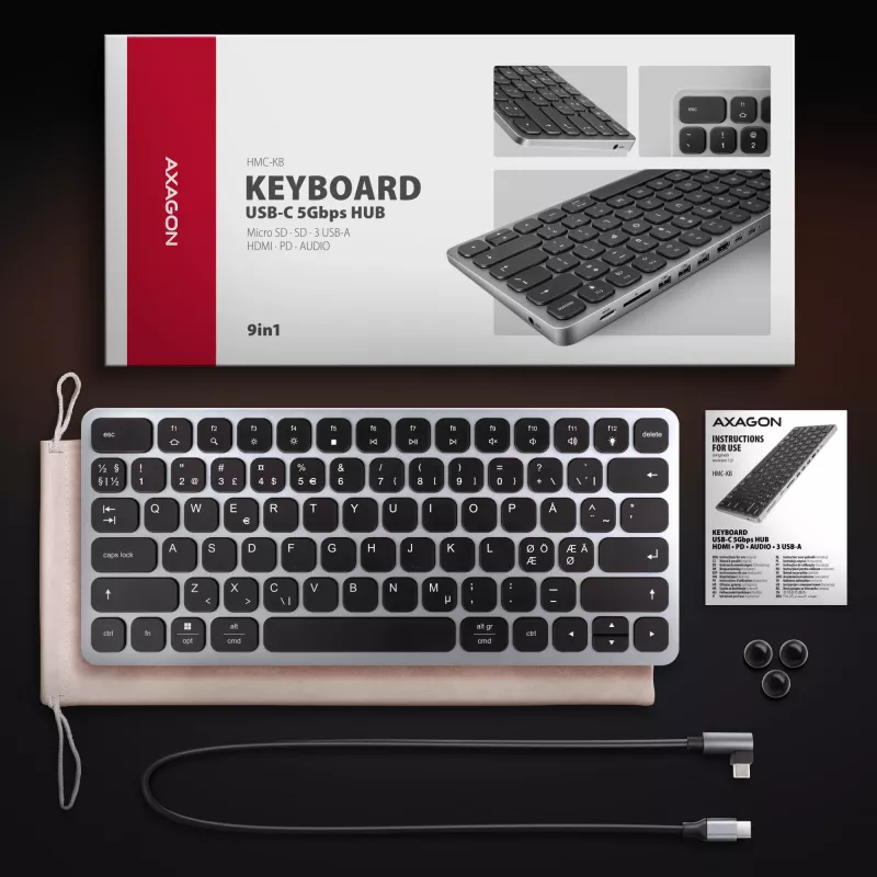 Axagon HMC-KB-NRD, hub USB 5Gbps con tastiera, HDMI 4K/60Hz, 3x USB-A, SD/mSD, audio, PD100, layout nordico