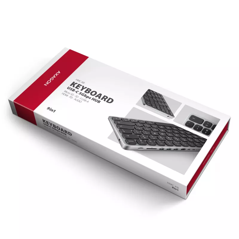 Axagon HMC-KB-NRD, hub USB 5Gbps con tastiera, HDMI 4K/60Hz, 3x USB-A, SD/mSD, audio, PD100, layout nordico