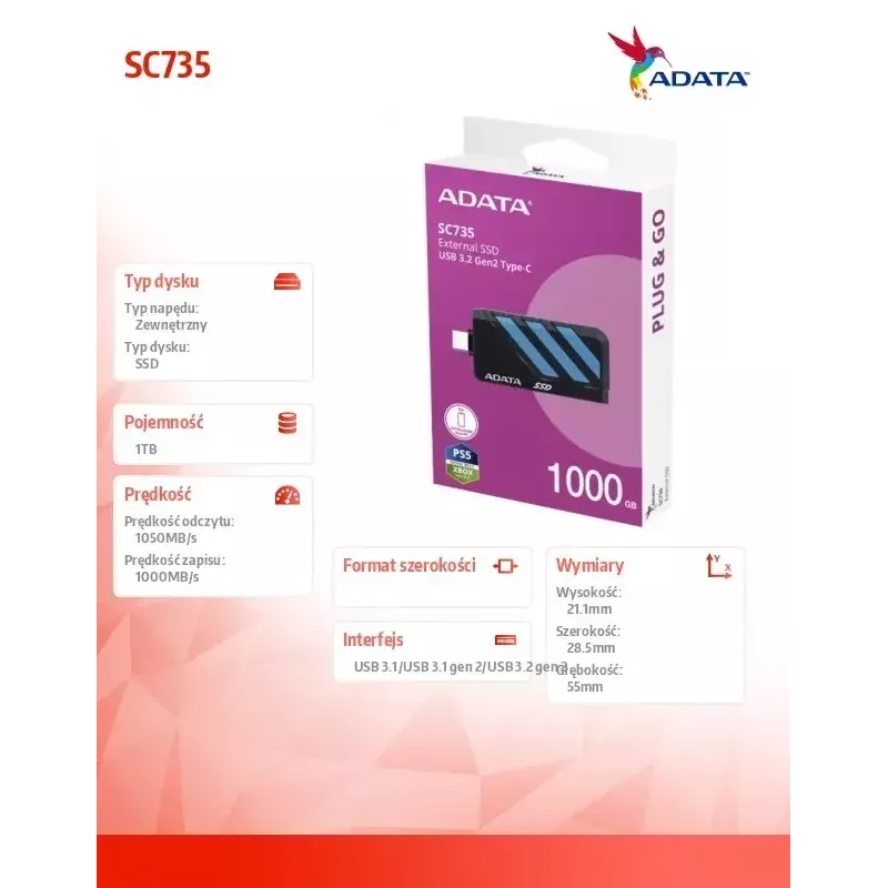 SSD esterno ADATA 1 TB 2,5 inch USB 3.2 SC735