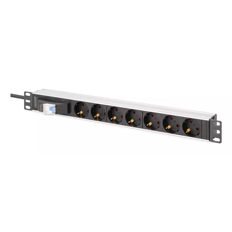DIGITUS DN-95439 PDU in alluminio per rack da 19 pollici 1U, 7 prese Schuko, interruttore automatico, 16 A, 4000 W, 230 V, 50/60 Hz, cavo da 1,8 m
