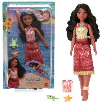 Giocattolo Disney Vaiana 2, bambola moda Vaiana Tautai galleggiante con 2 accessori e top che cambia colore
