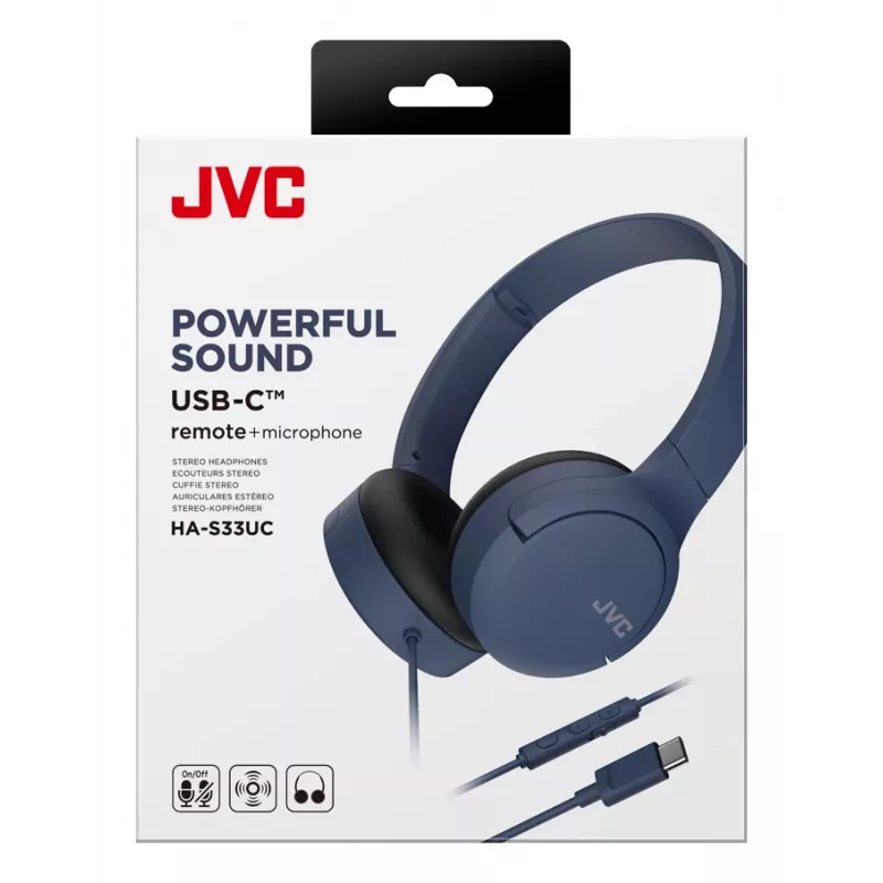 Cuffie on-ear cablate JVC HA-S33UC-AU USB-C con microfono e telecomando, cavo da 1,2 m, blu