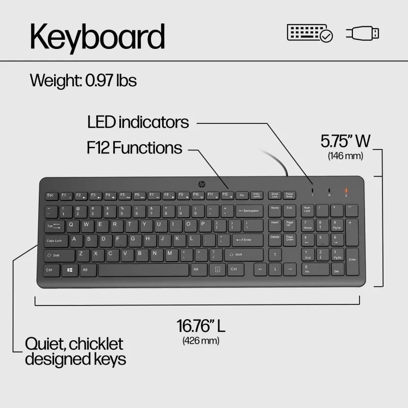 Tastiera con filo HP 150, Full-Size (100%), con filo, USB, meccanica, QWERTY, nero