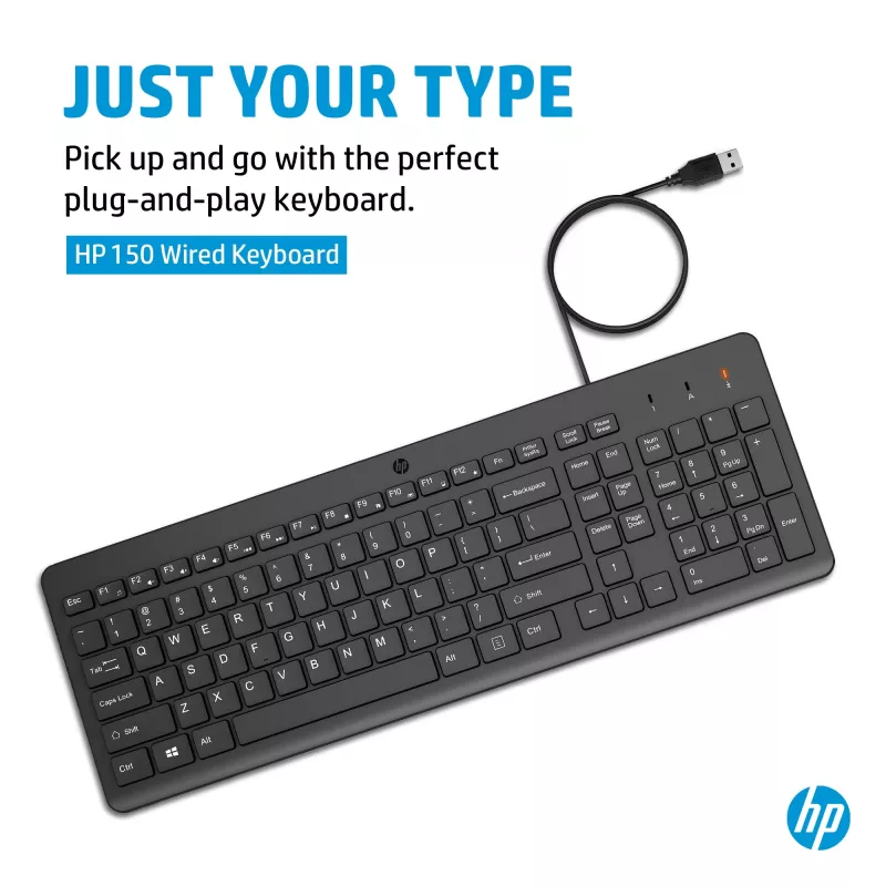 Tastiera con filo HP 150, Full-Size (100%), con filo, USB, meccanica, QWERTY, nero