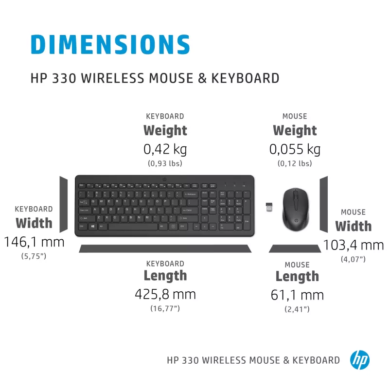 Combinazione mouse e tastiera HP 330 wireless, full-size (100%), wireless, RF Wireless, QWERTY, nero, mouse incluso