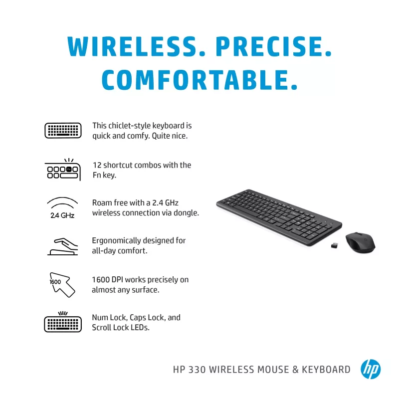 Combinazione mouse e tastiera HP 330 wireless, full-size (100%), wireless, RF Wireless, QWERTY, nero, mouse incluso