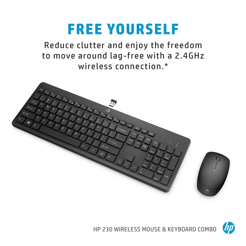 Combinazione mouse e tastiera HP 230 wireless, full-size (100%), wireless, RF Wireless, a membrana, nero, mouse incluso