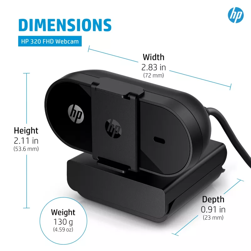 Webcam HP 320 FHD, 1920 x 1080 pixel, Full HD, 30 fps, casa, USB, nero