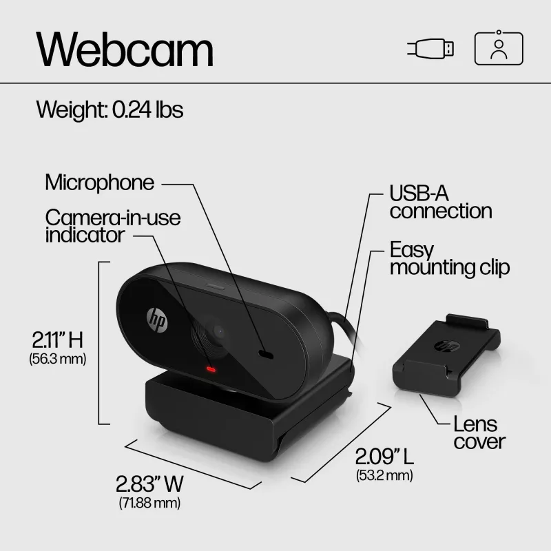 Webcam HP 320 FHD, 1920 x 1080 pixel, Full HD, 30 fps, casa, USB, nero
