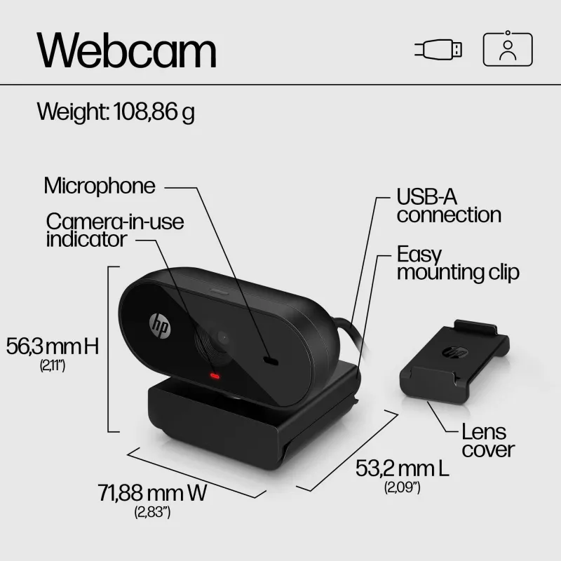 Webcam HP 320 FHD, 1920 x 1080 pixel, Full HD, 30 fps, casa, USB, nero
