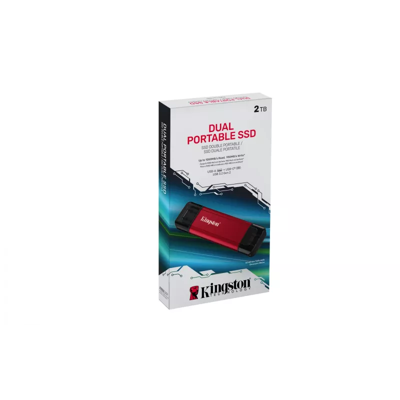 SSD esterno Kingston 2 TB Dual USB-A/USB-C, USB 3.2 Gen 2, lettura 1050 MB/s, scrittura 950 MB/s, nero/rosso