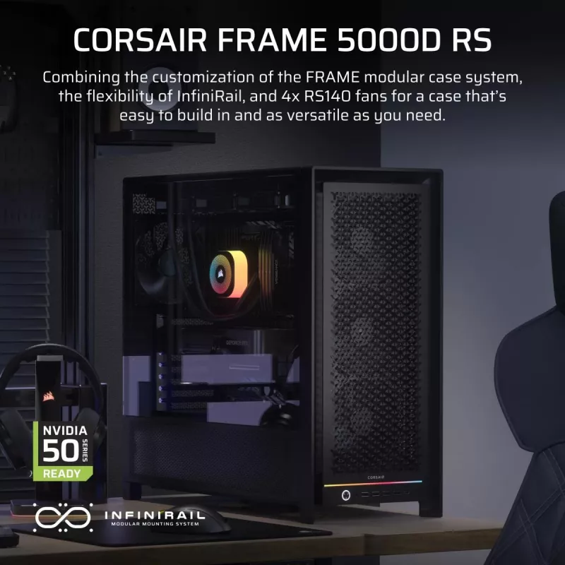 Case PC midi tower CORSAIR FRAME 5000D RS — nero, supporto ATX/EATX, 3x ventole frontali 140 mm, vetro temperato, 250×556×542 mm