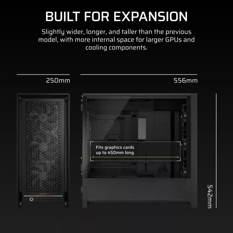 Case PC midi tower CORSAIR FRAME 5000D RS — nero, supporto ATX/EATX, 3x ventole frontali 140 mm, vetro temperato, 250×556×542 mm
