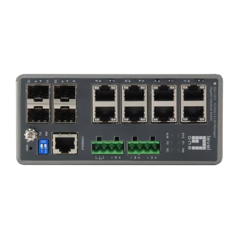 LevelOne IGU-1271 TURING switch industriale L3 Lite gestito Gigabit, 12 porte (8 x RJ45, 4 x SFP), guida DIN, DC