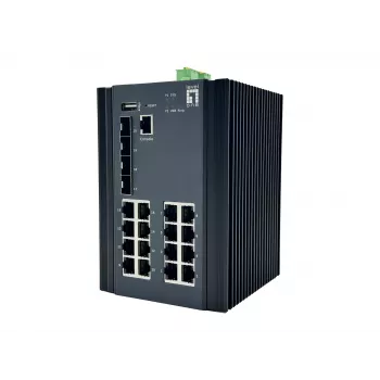 Switch industriale LevelOne 20 porte L2 Plus gestito Gigabit, 16x 1GbE RJ45, 4x 1/2.5GbE SFP, guida DIN, da -40 °C a 80 °C