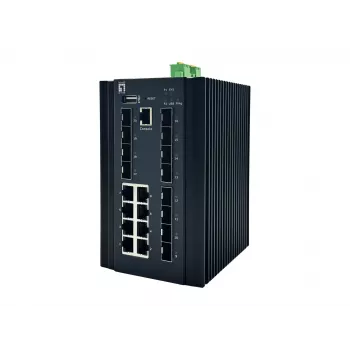 Switch industriale LevelOne 20 porte L2 Plus gestito, 8 x 1GbE RJ45, 8 x 1GbE SFP, 4 x 1/2.5GbE SFP, guida DIN, da -40 °C a 80 °C