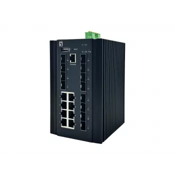 LevelOne switch industriale gestito L2 Plus a 20 porte, 8 x 1GbE RJ45, 8 x 1GbE SFP, 4 x 1/2.5/10GbE SFP+, guida DIN, da -40°C a 80°C