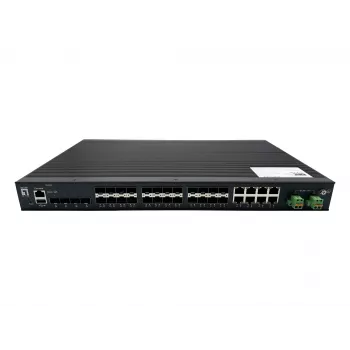 LevelOne switch industriale in fibra gestito L2 Plus Gigabit a 28 porte, 4x 1,25/2,5GbE SFP, 16x 1,25GbE SFP, 8x Gigabit SFP/RJ45 Combo, alimentazione ridondante, da -40°C a 80°C