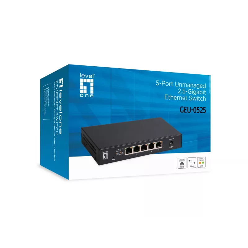 Switch 5 porte unmanaged 2.5G Ethernet LEVELONE GEU-0525 — 5× 2.5G RJ-45, unmanaged, switching 25 Gbit/s, montaggio a parete