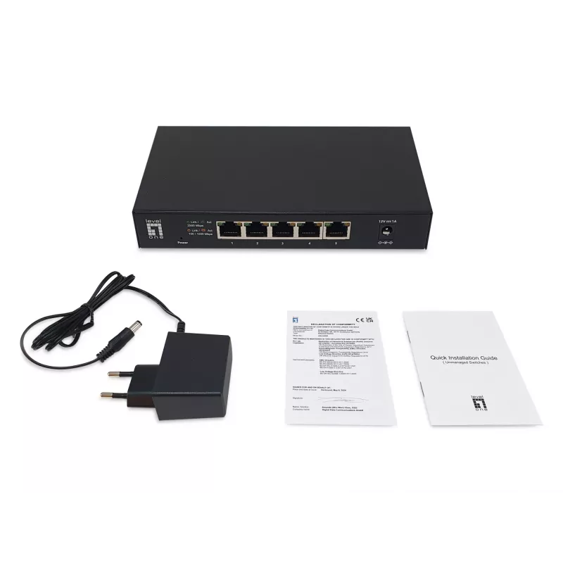 Switch 5 porte unmanaged 2.5G Ethernet LEVELONE GEU-0525 — 5× 2.5G RJ-45, unmanaged, switching 25 Gbit/s, montaggio a parete