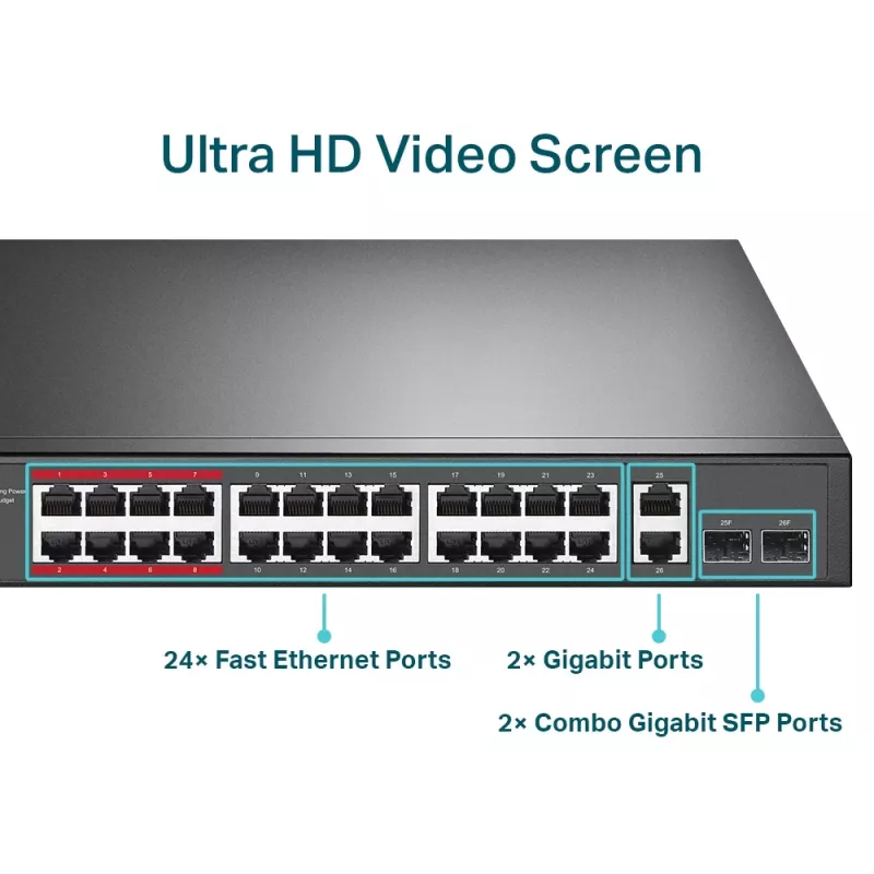 TP-Link switch unmanaged PoE+ 24 porte 10/100Mbps + 2 porte Gigabit