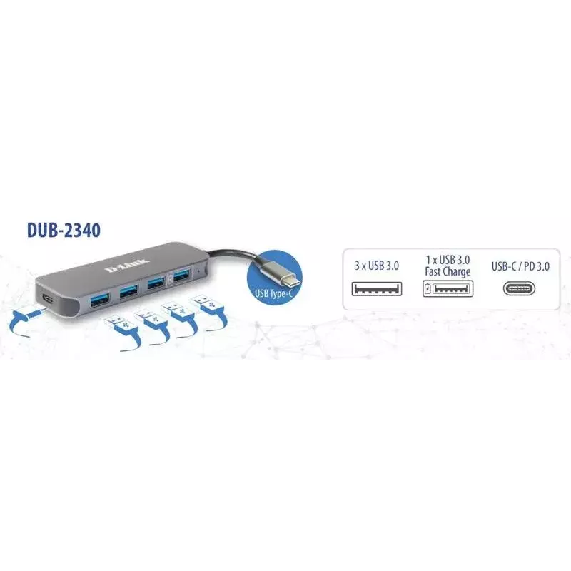 Hub USB D-Link DUB-2340 USB-C 4 porte USB 3.0 Power Delivery 60W