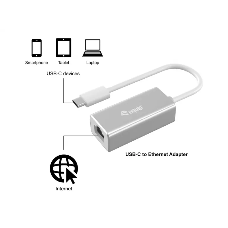Adattatore di rete Gigabit USB Type-C a RJ45 Equip, con filo, USB Type-C, Ethernet, 1000 Mbit/s, argento