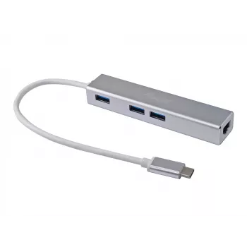 Hub USB-C a 3 porte USB 3.0 con adattatore Gigabit Equip, USB 3.2 Gen 1 (3.1 Gen 1) Type-C, argento, USB 3.2 Gen 1 (3.1 Gen 1) Type-A, WLAN, alluminio, 22 mm, 15 mm
