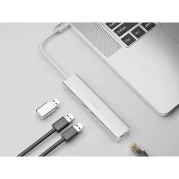 Hub USB-C a 3 porte USB 3.0 con adattatore Gigabit Equip, USB 3.2 Gen 1 (3.1 Gen 1) Type-C, argento, USB 3.2 Gen 1 (3.1 Gen 1) Type-A, WLAN, alluminio, 22 mm, 15 mm