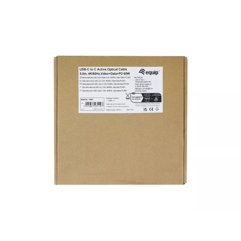 Cavo ottico attivo Equip USB-C a C, M/M, 5,0 m, PD 60 W, 4K/60 Hz, 10 Gbit/s, video+dati+PD