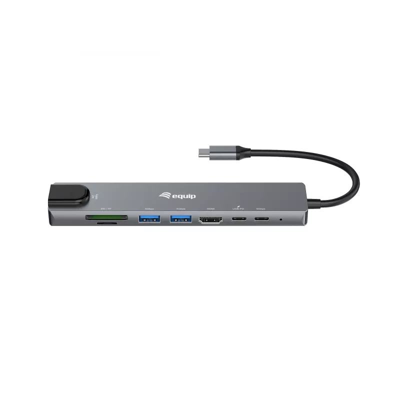 Adattatore multifunzione 8-in-1 Equip USB-C, con filo, USB Type-C, 100 W, 1000 Mbit/s, 1000BASE-T, IEEE 802.3ab