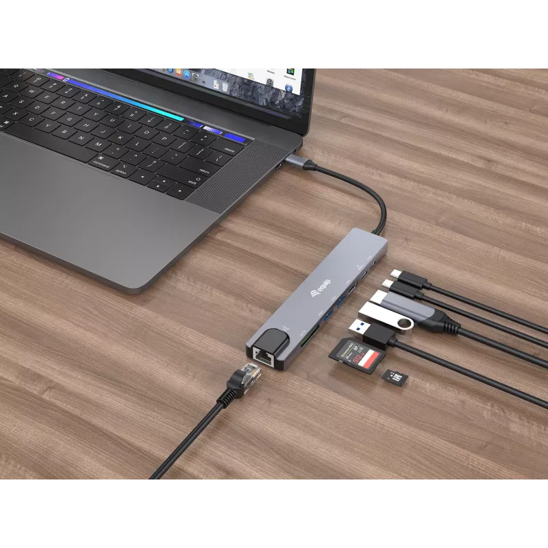 Adattatore multifunzione 8-in-1 Equip USB-C, con filo, USB Type-C, 100 W, 1000 Mbit/s, 1000BASE-T, IEEE 802.3ab