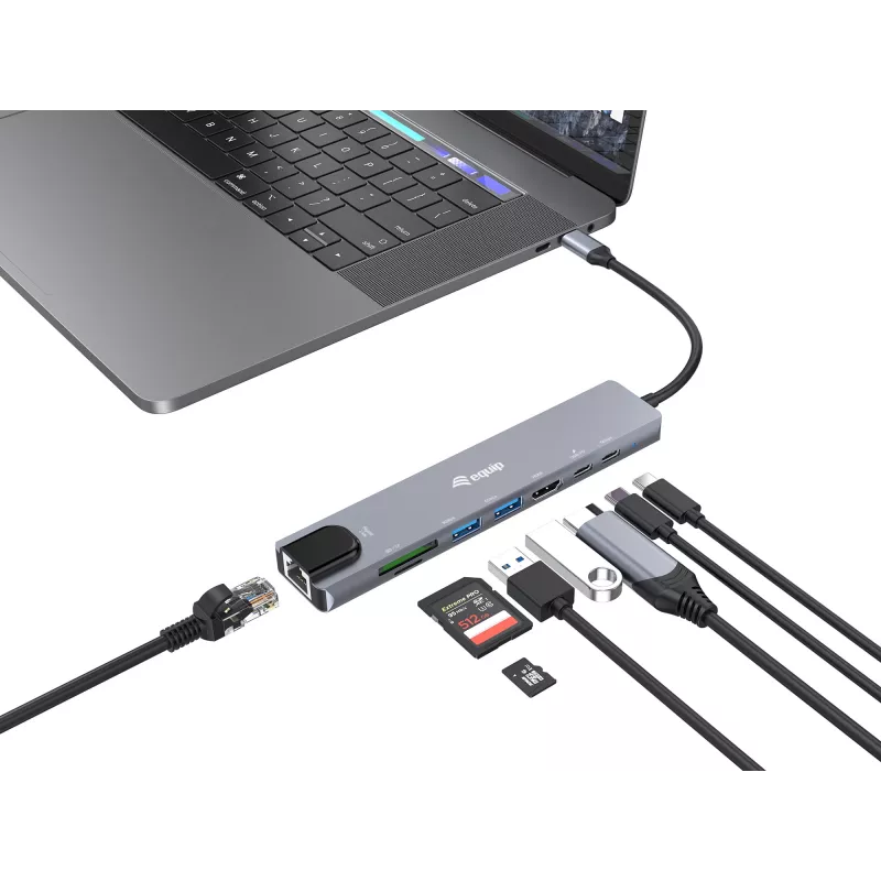 Adattatore multifunzione 8-in-1 Equip USB-C, con filo, USB Type-C, 100 W, 1000 Mbit/s, 1000BASE-T, IEEE 802.3ab
