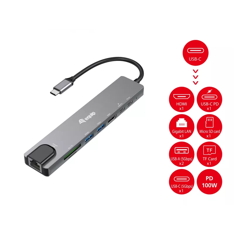 Adattatore multifunzione 8-in-1 Equip USB-C, con filo, USB Type-C, 100 W, 1000 Mbit/s, 1000BASE-T, IEEE 802.3ab