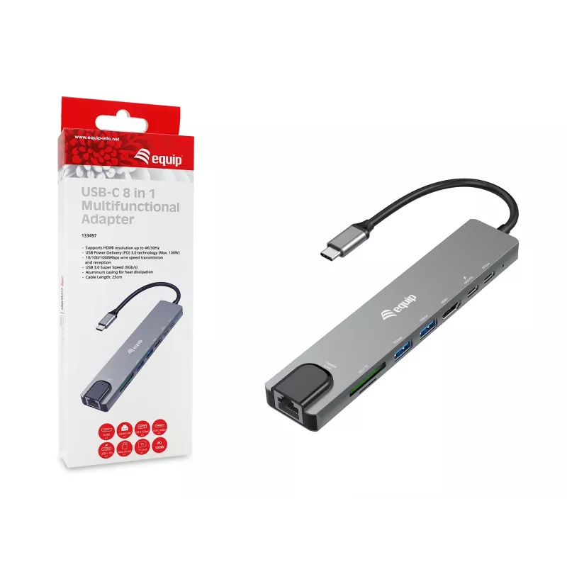 Adattatore multifunzione 8-in-1 Equip USB-C, con filo, USB Type-C, 100 W, 1000 Mbit/s, 1000BASE-T, IEEE 802.3ab