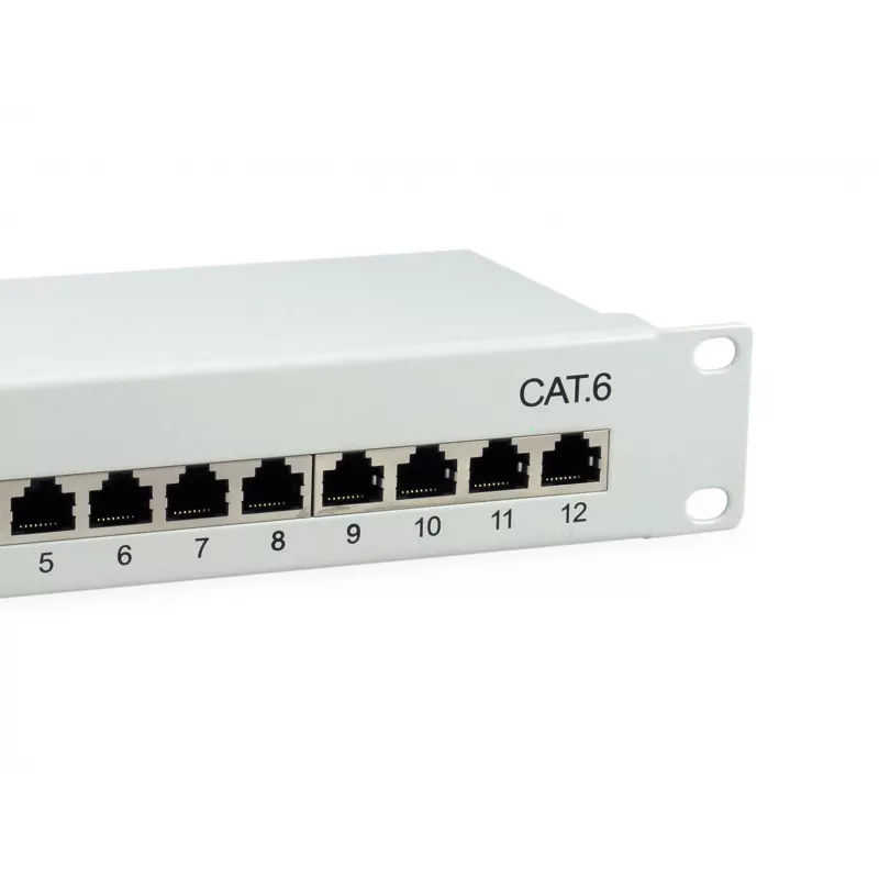 Equip Patch Panel 12 porte Cat.6 schermato, grigio chiaro, Gigabit Ethernet, 1000 Mbit/s, RJ-45, Cat6, Cat6e, 1U, grigio