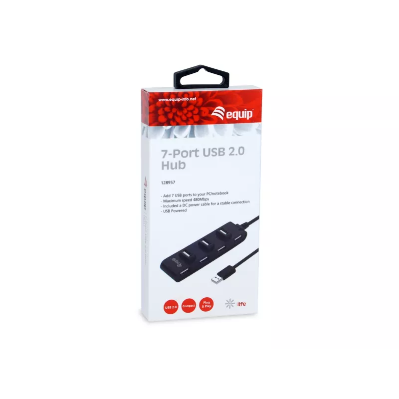 Equip hub USB 2.0 a 7 porte, USB 2.0, USB 2.0, 480 Mbit/s, nero, Cina, CE, RoHS