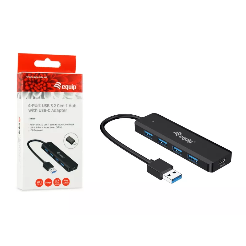 Hub USB 3.2 Gen 1 a 4 porte Equip con adattatore USB-C nero 5000 Mbit/s