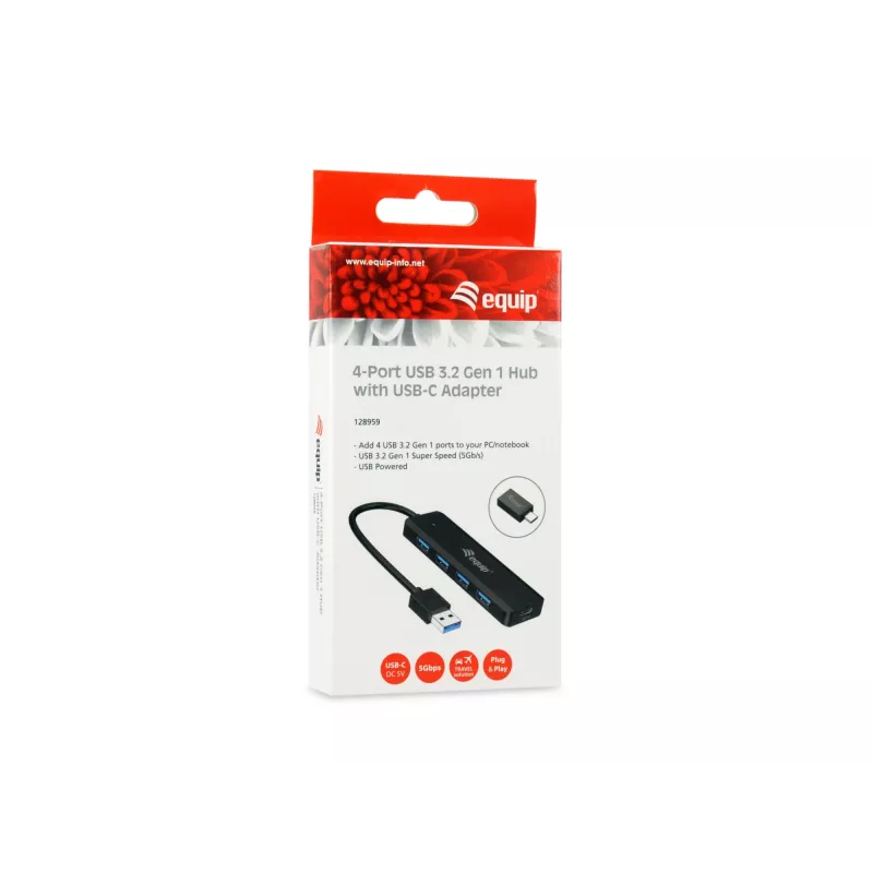 Hub USB 3.2 Gen 1 a 4 porte Equip con adattatore USB-C nero 5000 Mbit/s