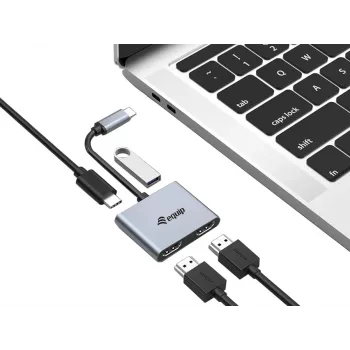 Equip adattatore USB-C 4-in-1 Dual-HDMI, USB 3.2 Gen 1 (3.1 Gen 1) Type-C, argento, 4K Ultra HD, 30 Hz, HDMI, alluminio