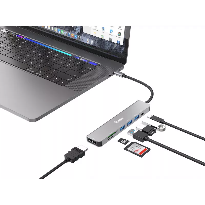 Adattatore multifunzione Equip USB-C 7-in-1, HDMI 4K/60Hz, USB 3.2 Gen1 x3, TF/Micro SD, 100W USB PD