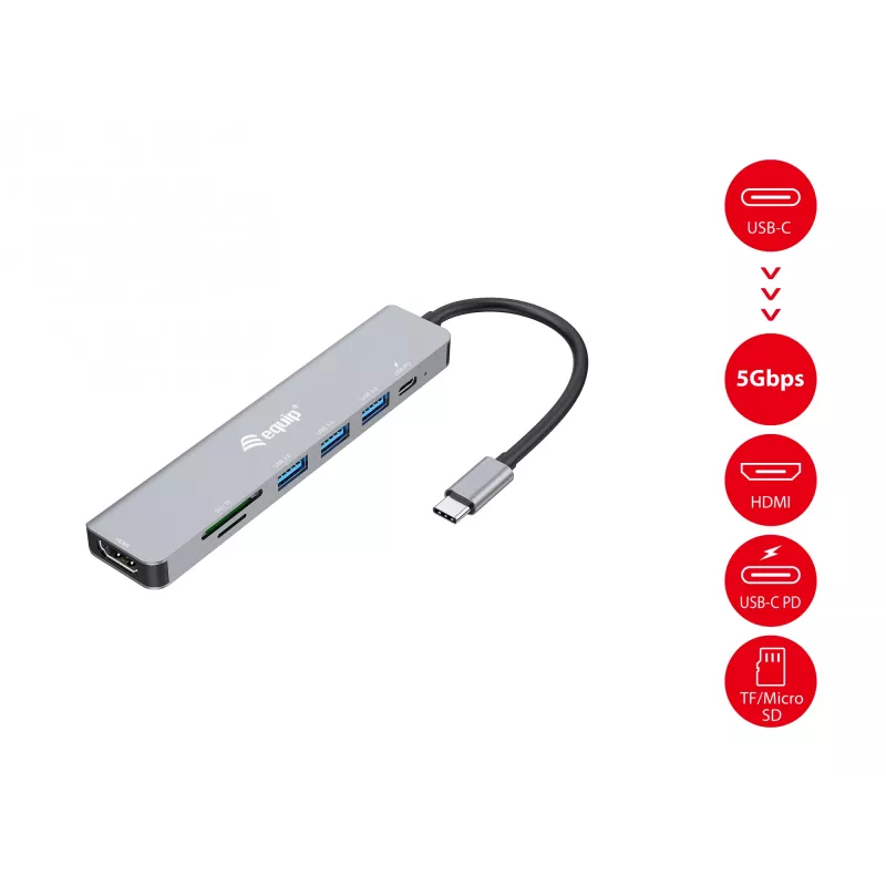Adattatore multifunzione Equip USB-C 7-in-1, HDMI 4K/60Hz, USB 3.2 Gen1 x3, TF/Micro SD, 100W USB PD
