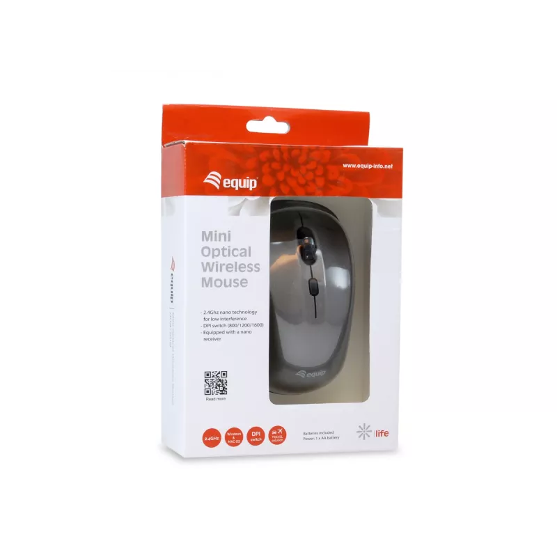 Equip mouse mini ottico wireless, ambidestro, ottico, RF wireless, 1600 DPI, grigio