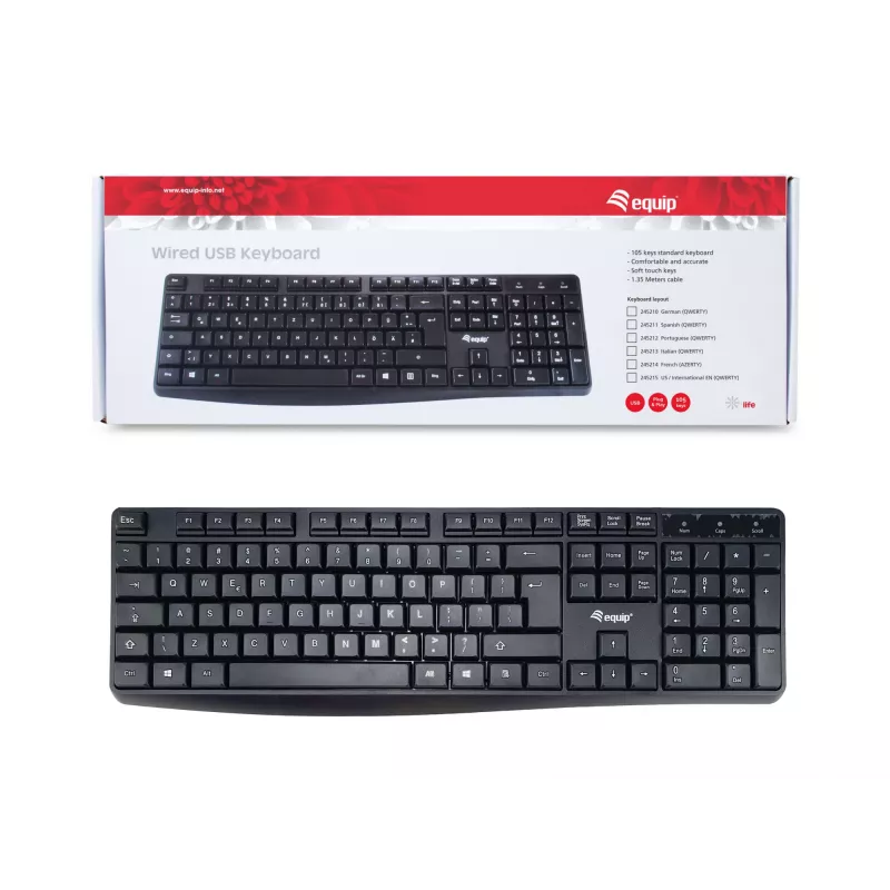 Equip tastiera USB con filo, layout US/internazionale (QWERTY), full-size (100%), con filo, USB, QWERTY, nero