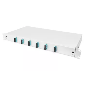 DIGITUS Cassetto di giunzione scorrevole in fibra ottica, 1 HE, equipaggiato con 6x SC Duplex, incl. vite M25, cassetta di giunzione pigtail colorati OM3, adattatori