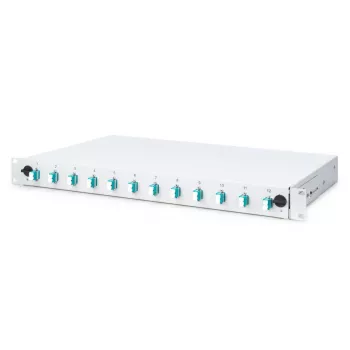 DIGITUS Cassetto di giunzione in fibra ottica, 1HE, equipaggiato con 12x LC-Duplex, incl. viti M25, cassetta di giunzione OM3, pigtail colorati, adattatori