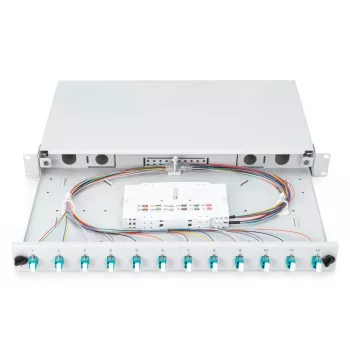 DIGITUS Cassetto di giunzione in fibra ottica, 1HE, equipaggiato con 12x LC-Duplex, incl. viti M25, cassetta di giunzione OM3, pigtail colorati, adattatori