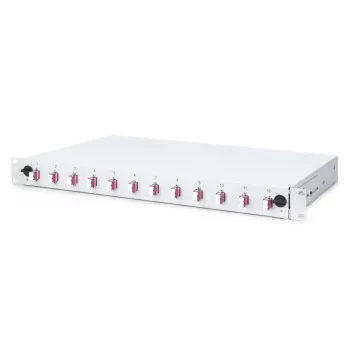 DIGITUS Cassetto di giunzione scorrevole in fibra ottica, 1U, equipaggiato con 12x LC Duplex, incl. vite M25, cassetta di giunzione pigtail colorati OM4, adattatori