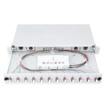 DIGITUS Cassetto di giunzione scorrevole in fibra ottica, 1U, equipaggiato con 12x LC Duplex, incl. vite M25, cassetta di giunzione pigtail colorati OM4, adattatori